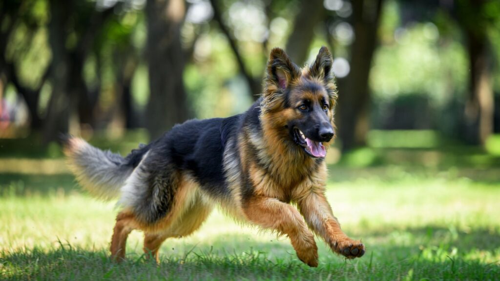 سگ ژرمن شپرد در حال بازی و فعالیت بدنی در فضای باز