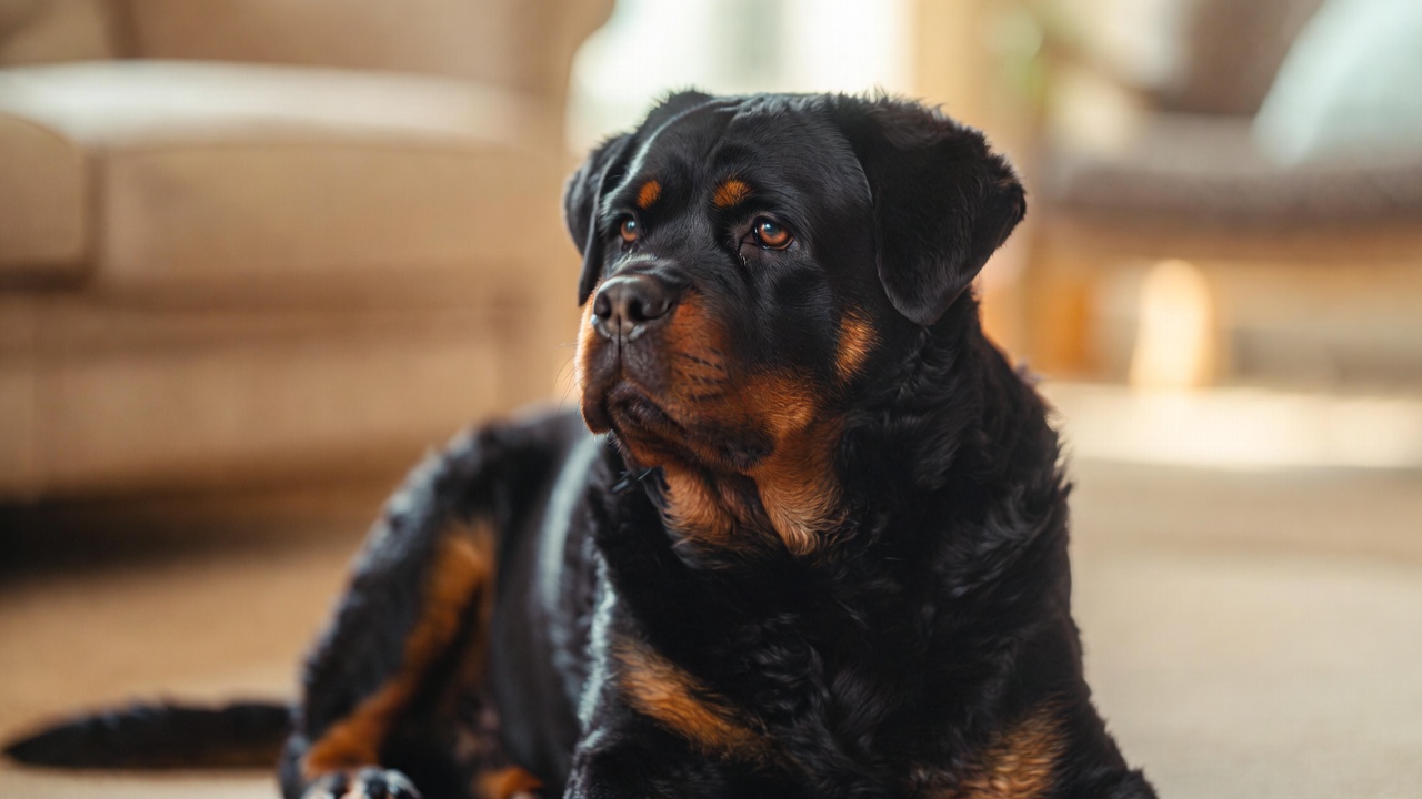 سگ روتوایلر در خانه، نشسته و مراقب خانواده